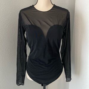 Popilush Plus Size Shapewear Illusion Mesh Long Sleeve Tummy Control Bodysuit
